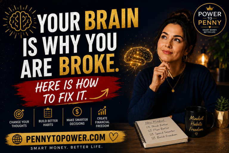 Woman learning money mindset shifts to stop being broke penny to power