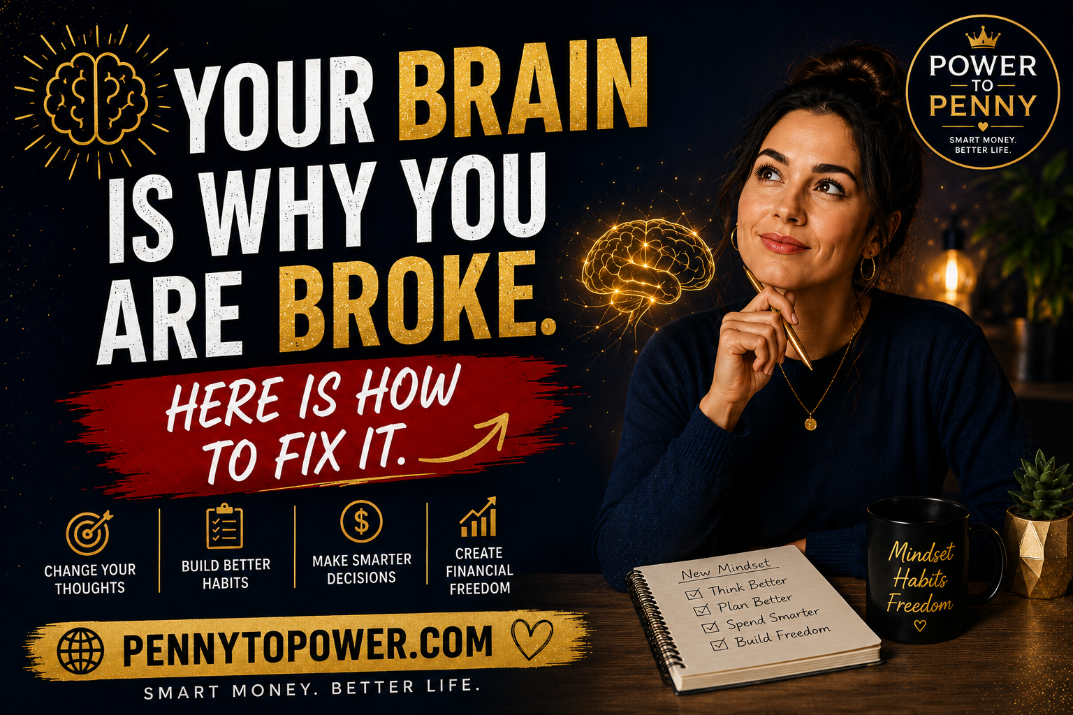 Woman learning money mindset shifts to stop being broke penny to power