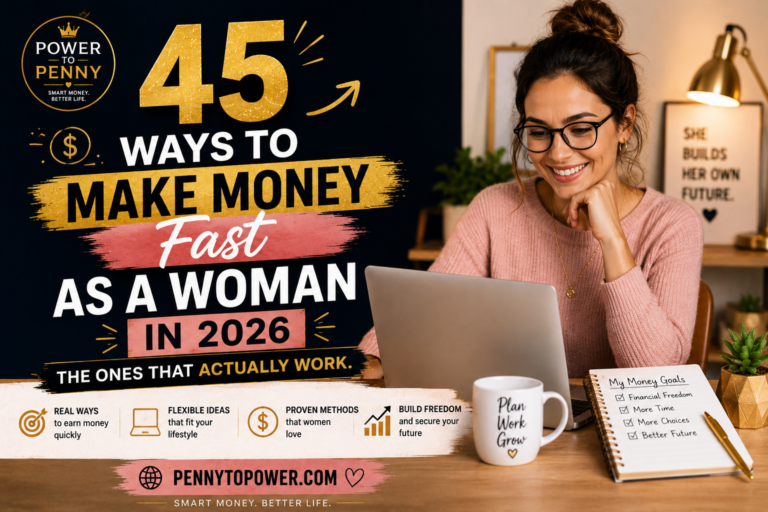 Woman discovering 45 ways to make money fast in 2026 penny to power