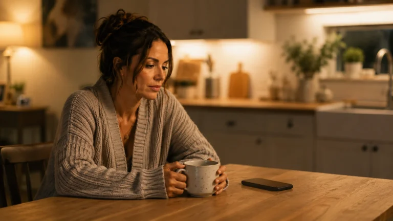 Woman sitting quietly at kitchen table at night, phone face down beside her, money comparison trap weight visible in her expression, PennyToPower.com