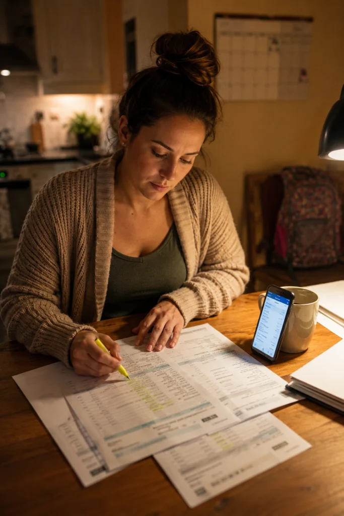 Single mom reviewing bank statements as part of her single mom savings audit at PennyToPower.com