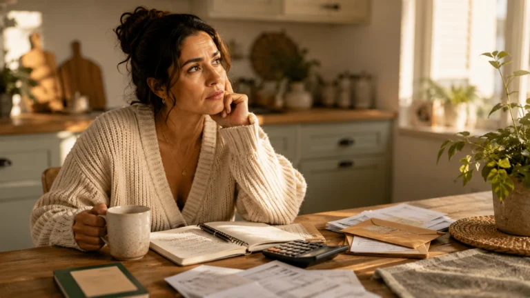 Woman at kitchen table at night with three bank statements spread open in front of her, not a money person myth breaking, PennyToPower.com