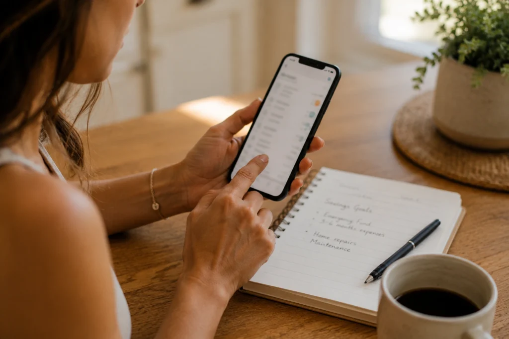 Woman automating contributions to her emergency fund through a banking app at PennyToPower.com