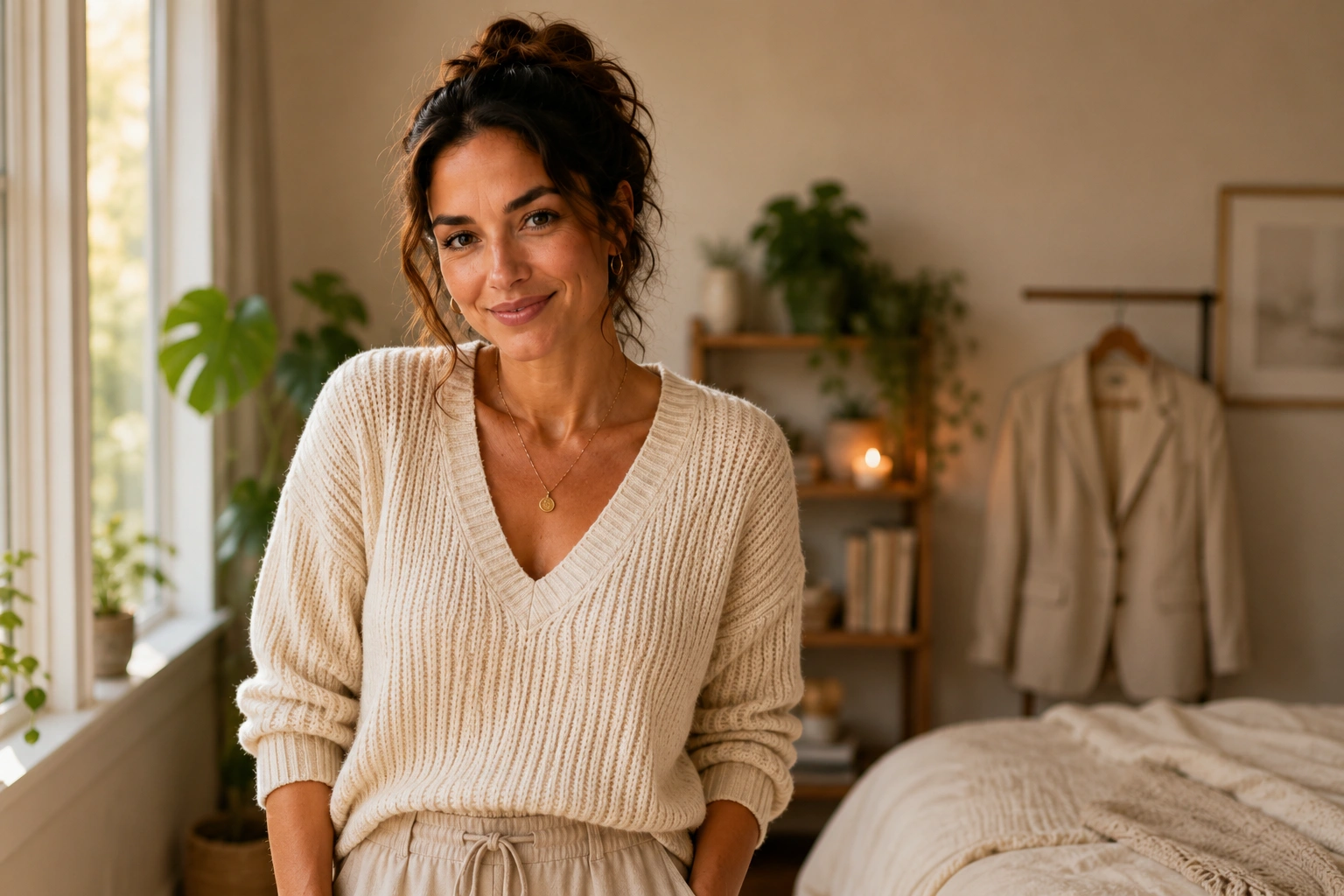 Woman embodying frugal chic style confidence in a simple tailored neutral outfit at PennyToPower.com
