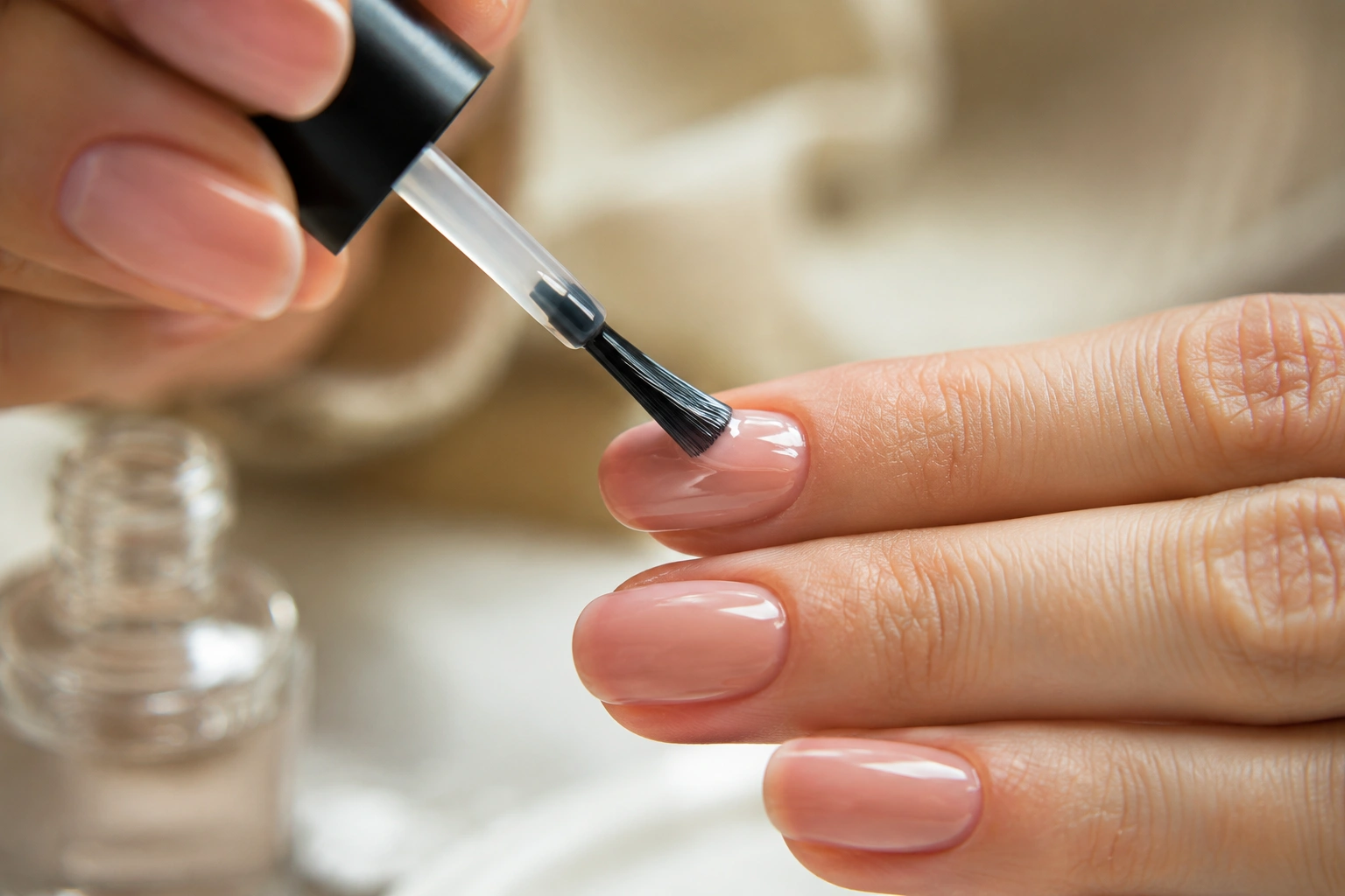 Close up of hand technique for an at home manicure using thin polish coats at PennyToPower.com
