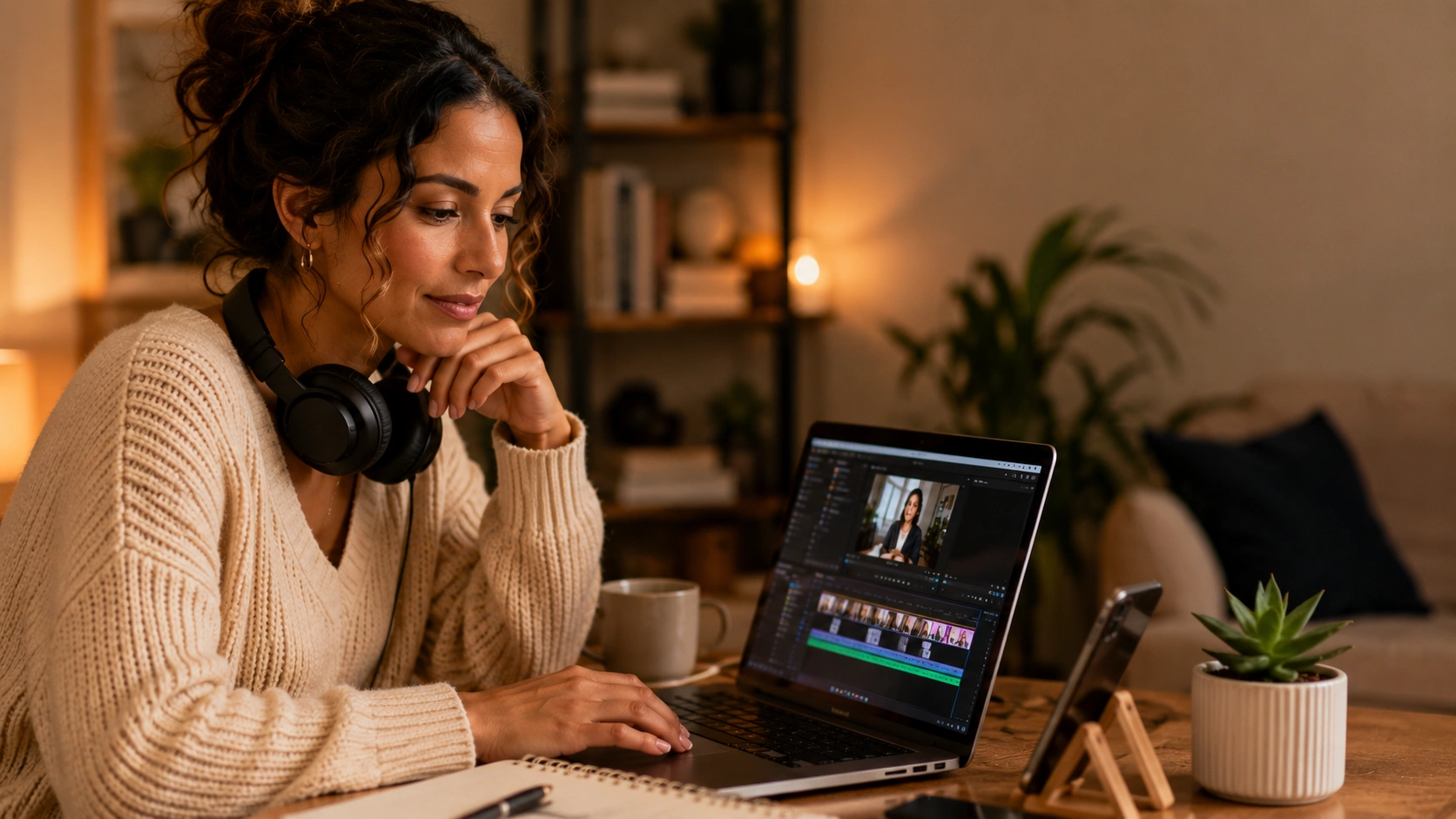 Woman editing clips for a video clipping side hustle on a laptop at her desk at PennyToPower.com