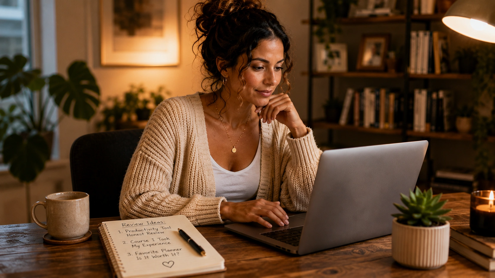 Woman writing an honest affiliate income review on her laptop at the kitchen table at PennyToPower.com