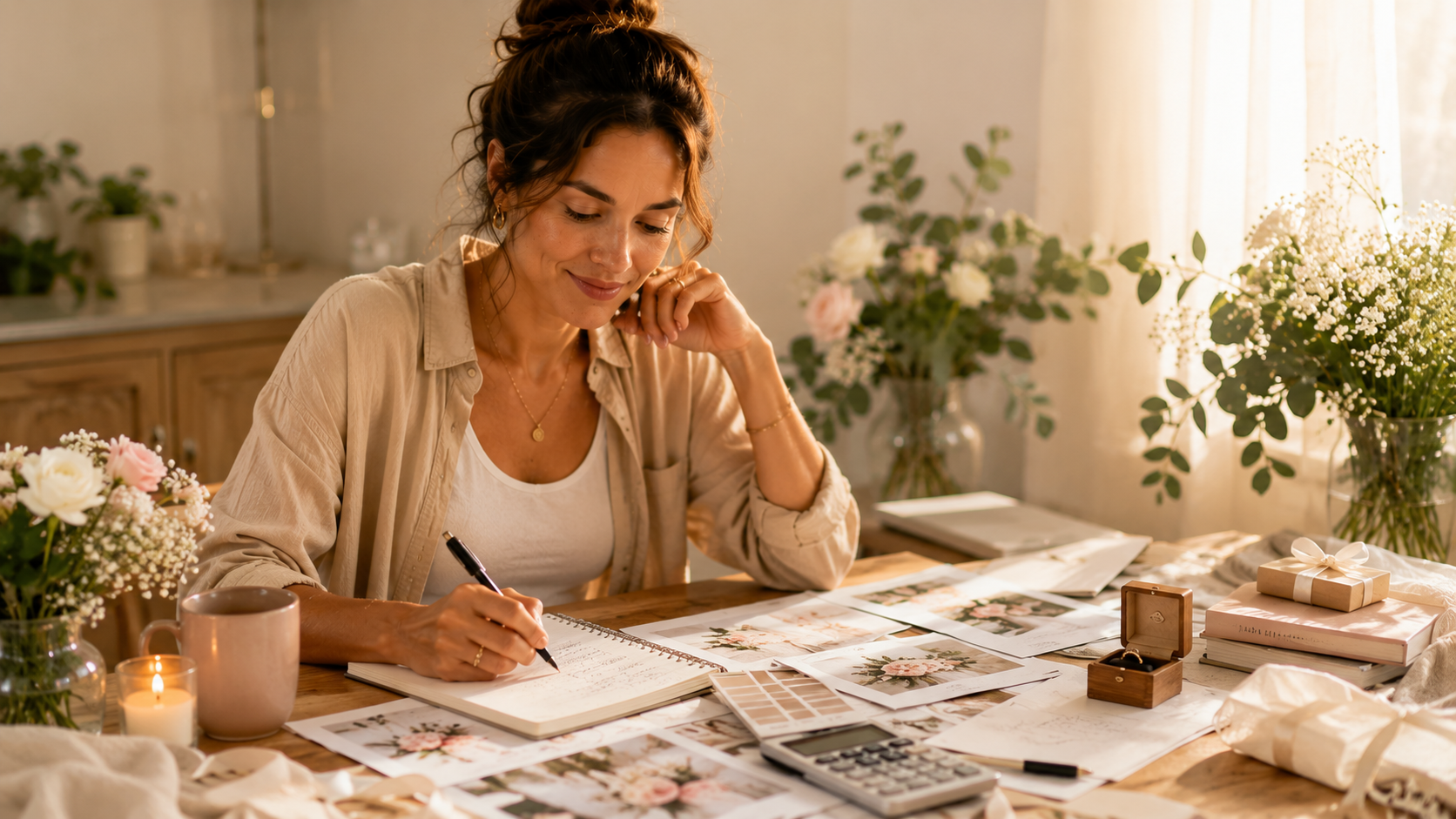 Woman reviewing wedding budget plans at kitchen table penny to power