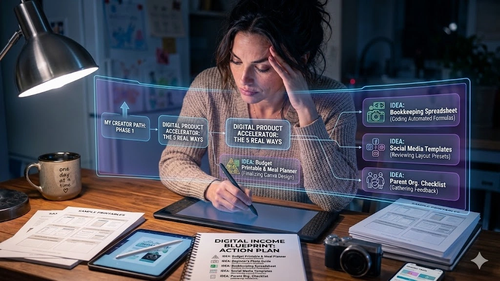Woman designing a printable to sell digital products on a laptop at the kitchen table at PennyToPower.com