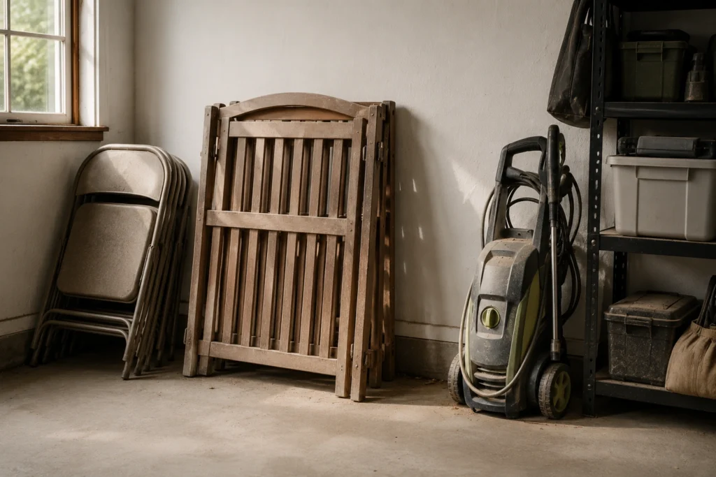 Unused baby gear and tools illustrating the rent instead of buy decision in a home garage at PennyToPower.com
