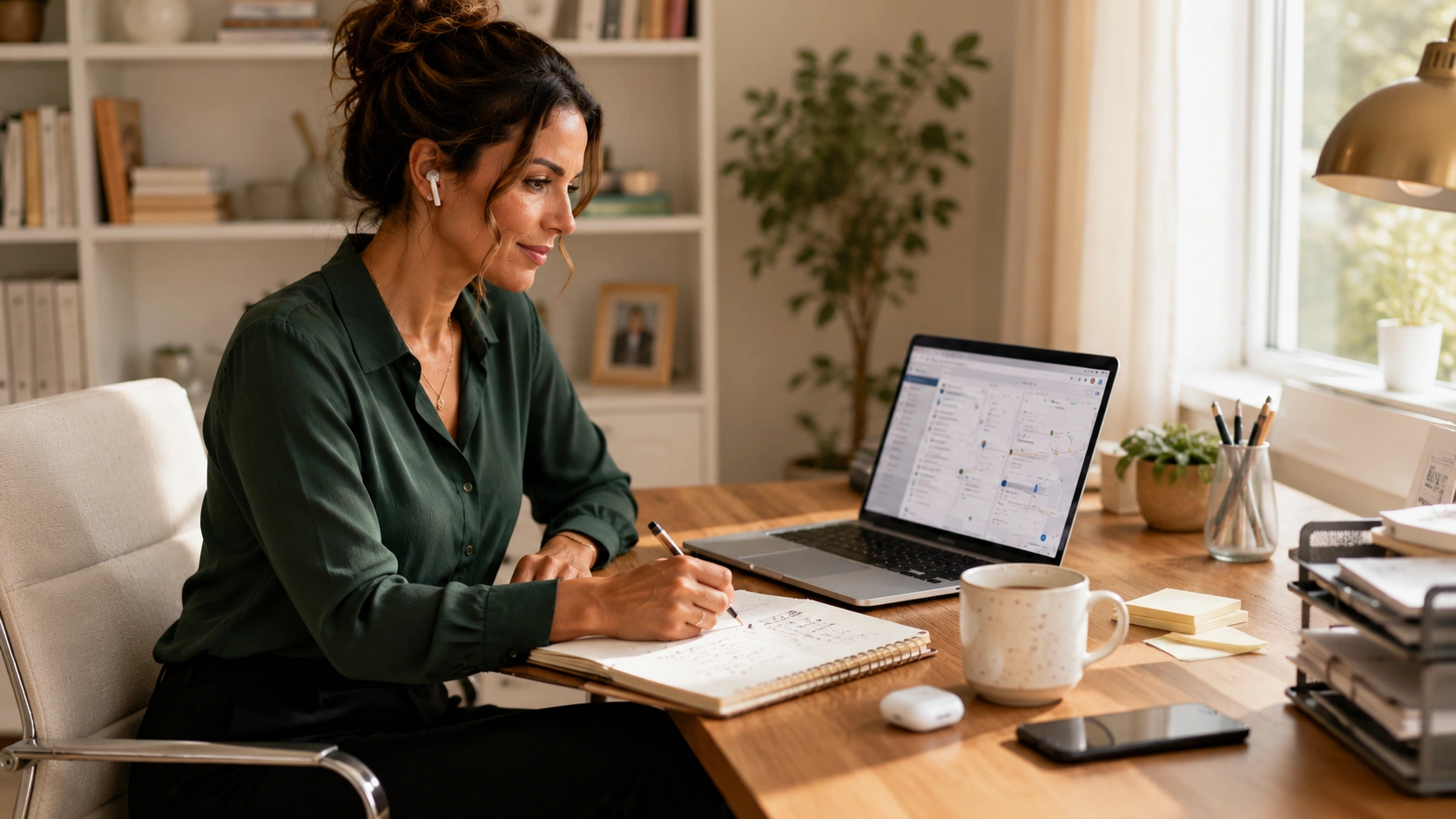 Woman working at home desk with laptop and coffee, reviewing virtual assistant jobs and client notes in natural morning light, PennyToPower.com