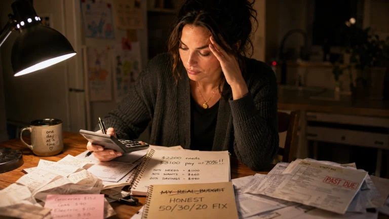 Single mom calculating her single mom budget with a calculator and pay stub at the kitchen table at PennyToPower.com