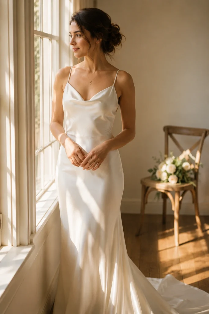 Bride wearing a simple budget bridal style satin slip gown in soft morning window light at PennyToPower.com