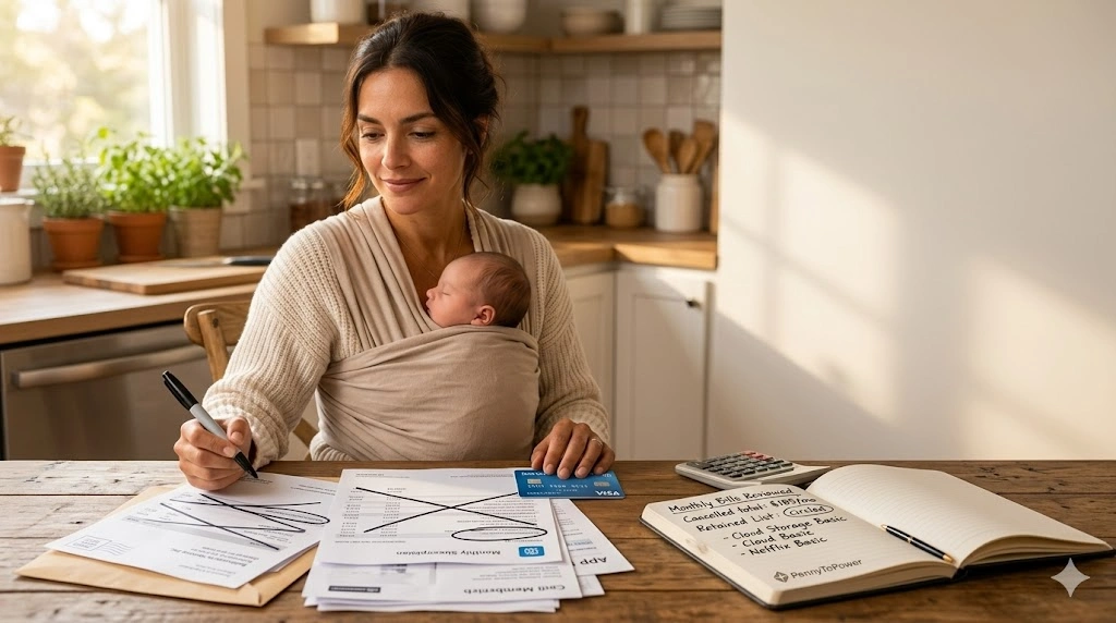 A woman sitting on a sofa with a newborn baby in a carrier while working on a laptop finding newborn income ideas PennyToPower.com