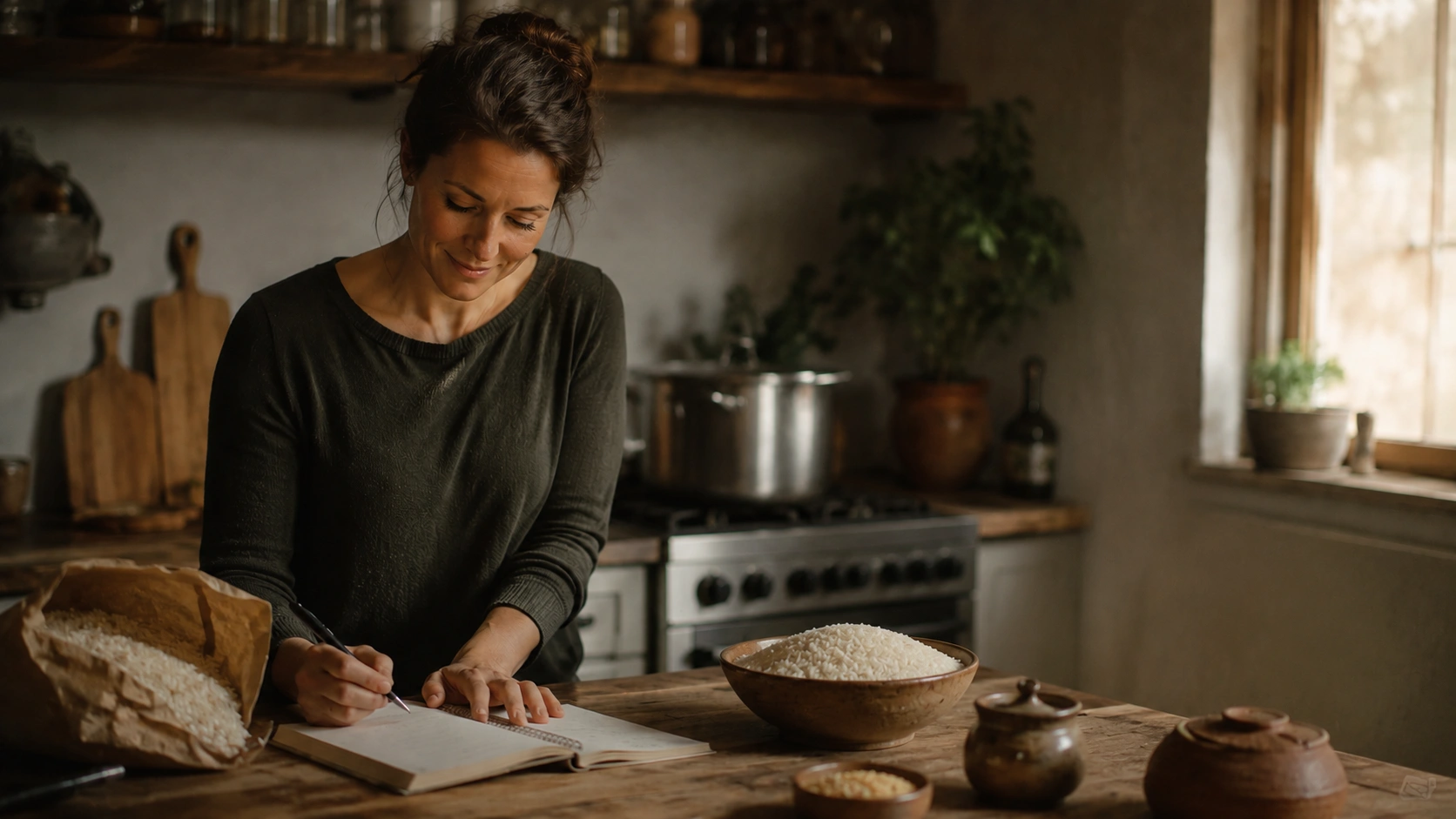Woman applying frugal living tips while batch cooking in her kitchen at home at PennyToPower.com