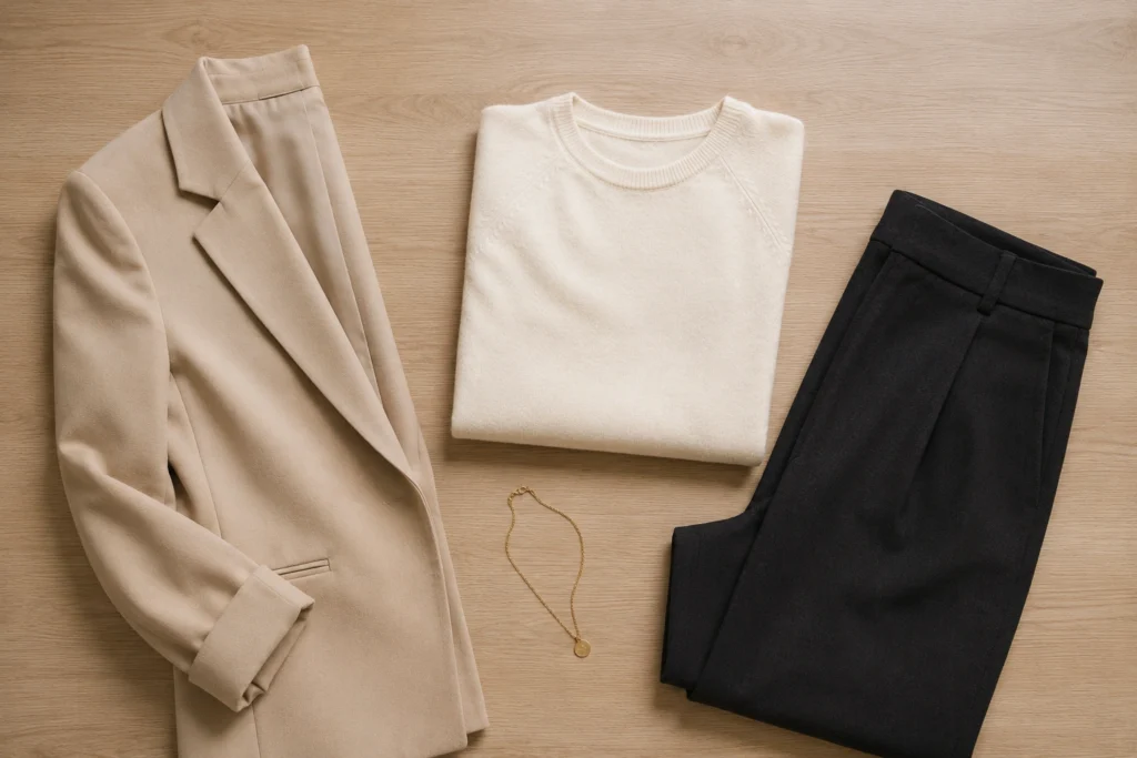  Three frugal chic style anchor pieces arranged as a versatile wardrobe foundation at PennyToPower.com