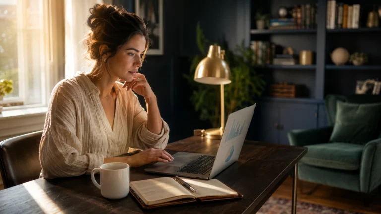 Woman building a high ticket side hustle from home at her living room desk at PennyToPower.com