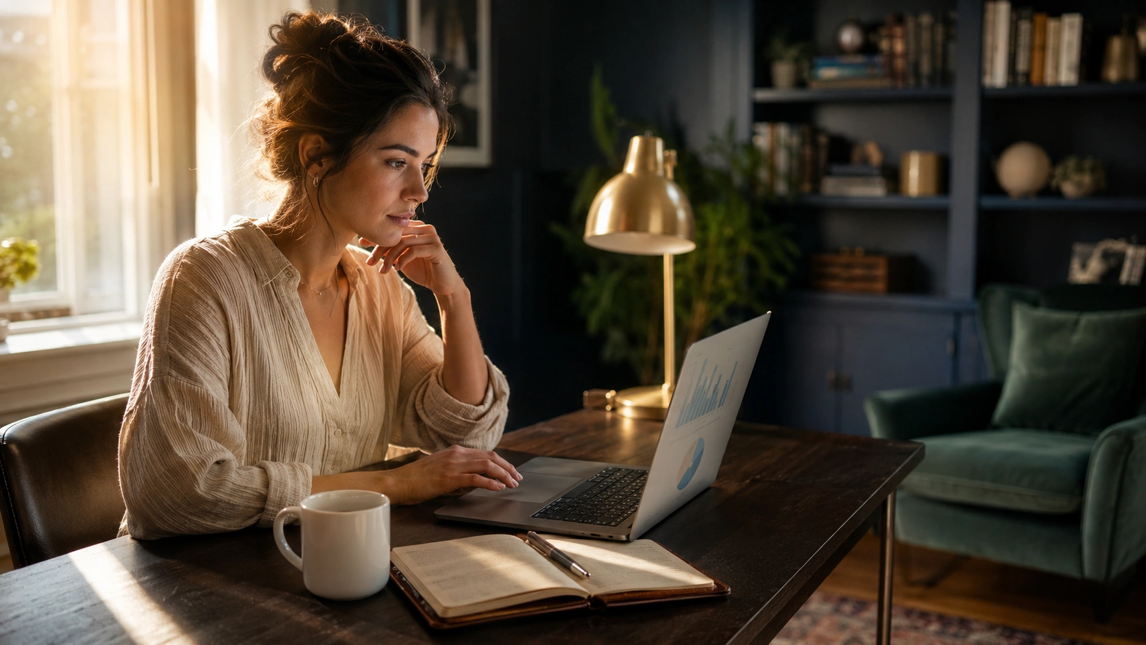 Woman building a high ticket side hustle from home at her living room desk at PennyToPower.com