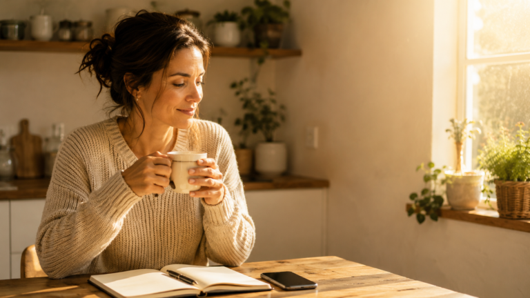 A woman sitting peacefully at her kitchen desk separating money and self worth from her lifestyle PennyToPower.com