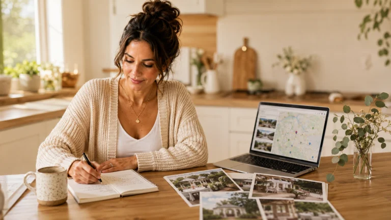 Smiling woman in natural light reviewing wedding venue notes at kitchen table, cheap wedding venues guide, PennyToPower.com