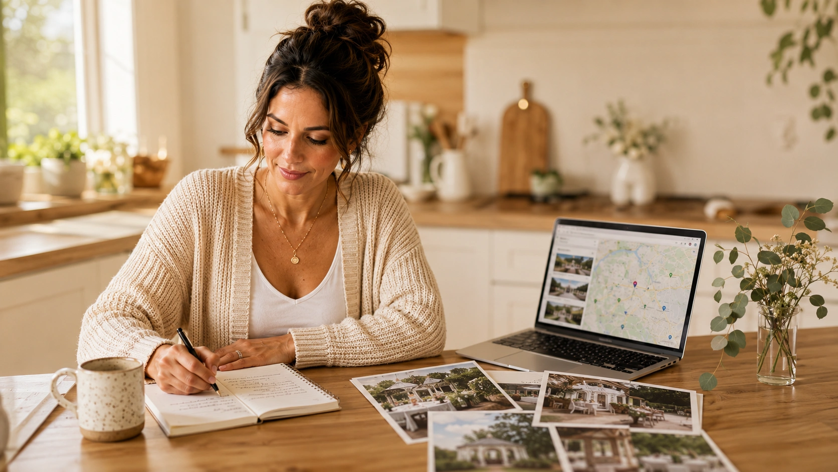 Smiling woman in natural light reviewing wedding venue notes at kitchen table, cheap wedding venues guide, PennyToPower.com