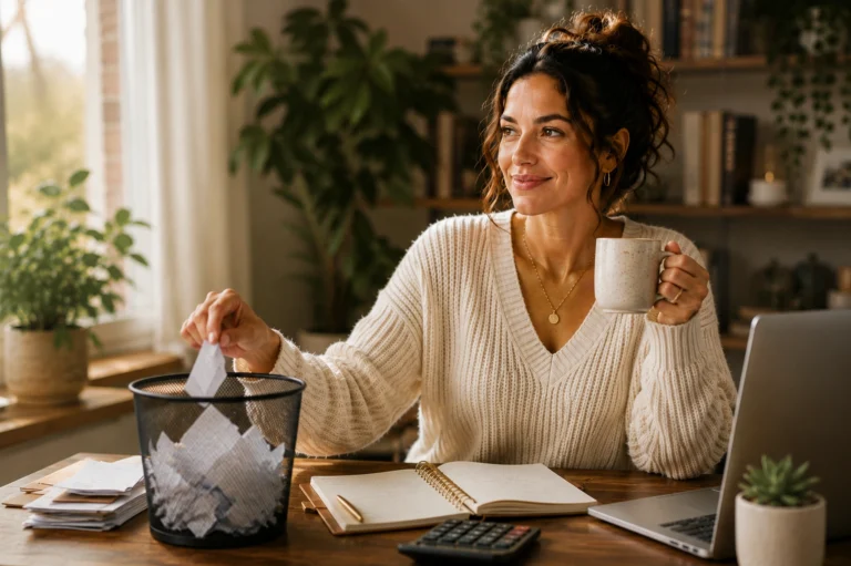 Woman finding a spending leak while highlighting printed bank statements at her kitchen table at PennyToPower.com