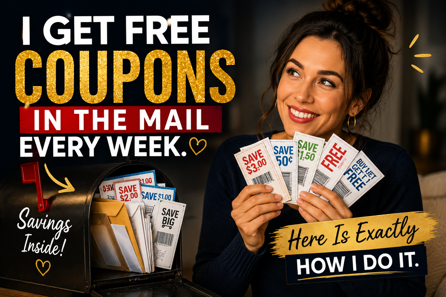 Woman getting free coupons in the mail every week to save money penny to power