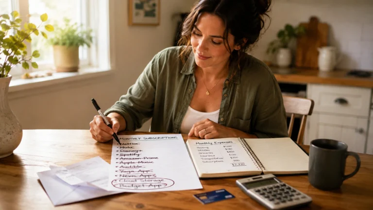 Woman reviewing luxury subscriptions on her banking app at the kitchen table at PennyToPower.com