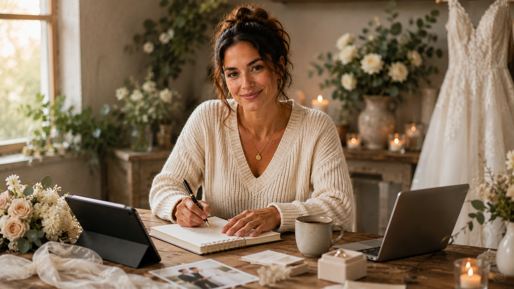 Woman planning a micro wedding budget at a wooden table with a small notepad and venue brochure at PennyToPower.com