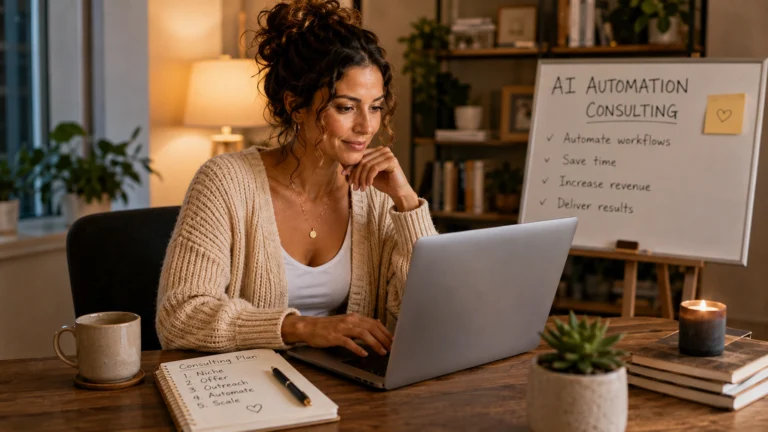 Woman building an AI automation consulting workflow on a laptop at her desk at PennyToPower.com