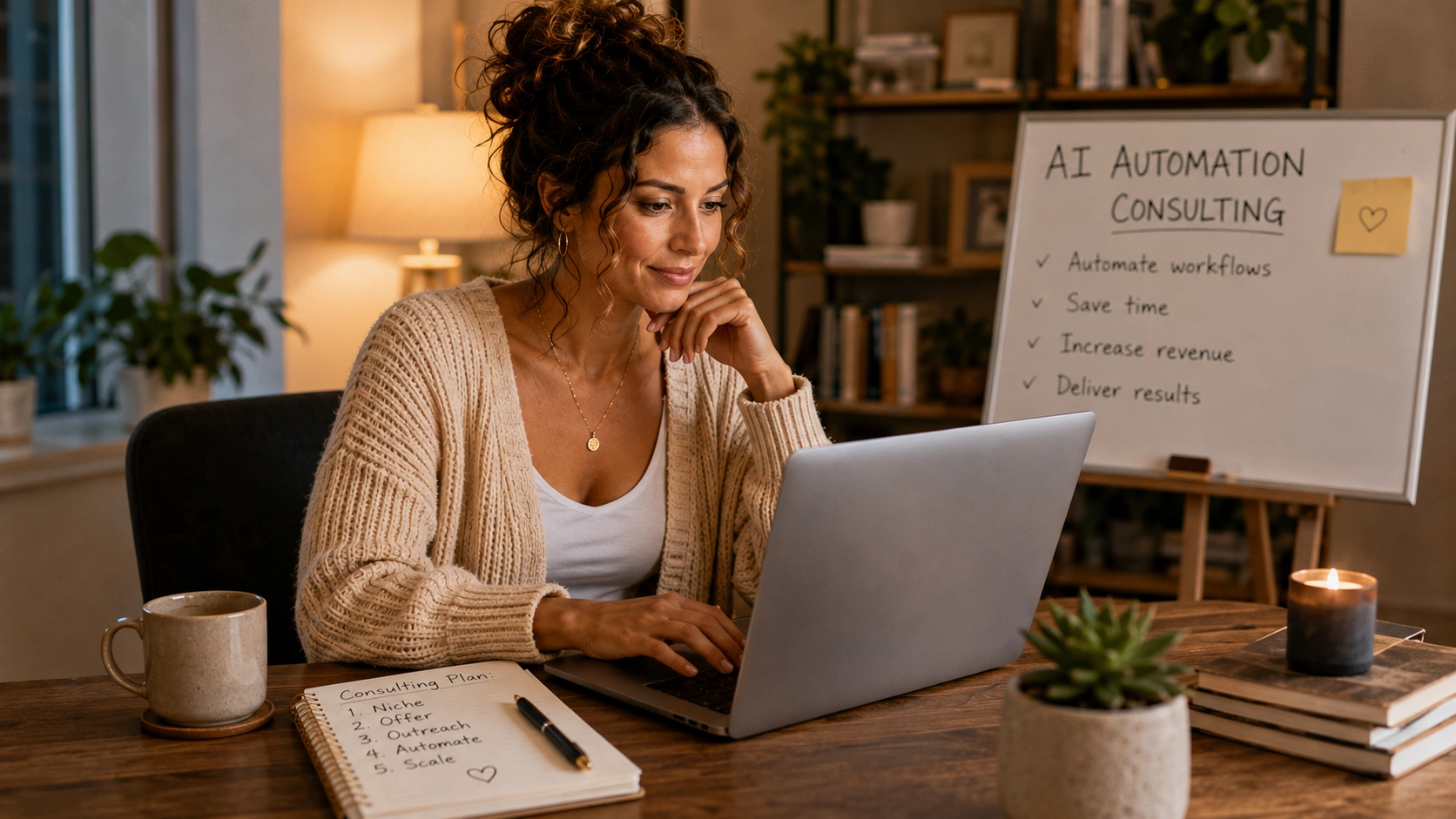 Woman building an AI automation consulting workflow on a laptop at her desk at PennyToPower.com