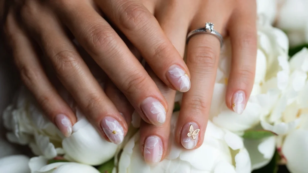 Bridal blooming gel manicure resting on peonies as part of budget bridal style beauty at PennyToPower.com