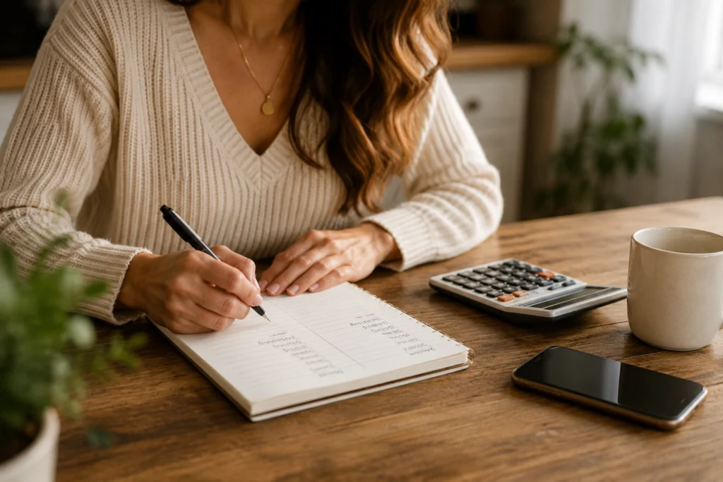 Woman calculating a rent instead of buy comparison at her kitchen table at PennyToPower.com