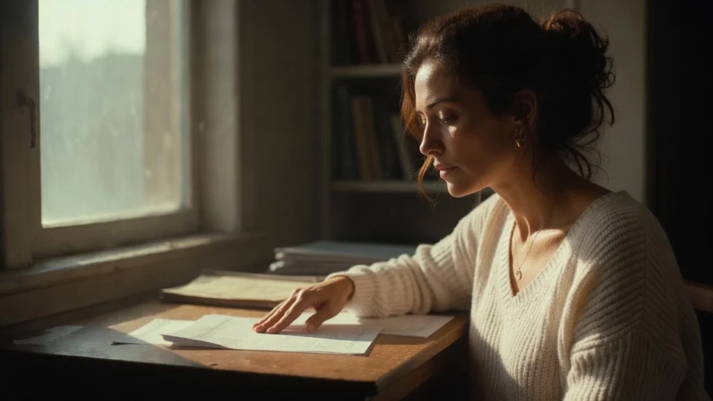 Woman in her 30s reviewing retirement planning documents at a modest wooden desk — PennyToPower.com