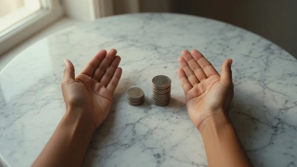 Two unequal coin stacks on marble surface representing the gender retirement gap — PennyToPower.com