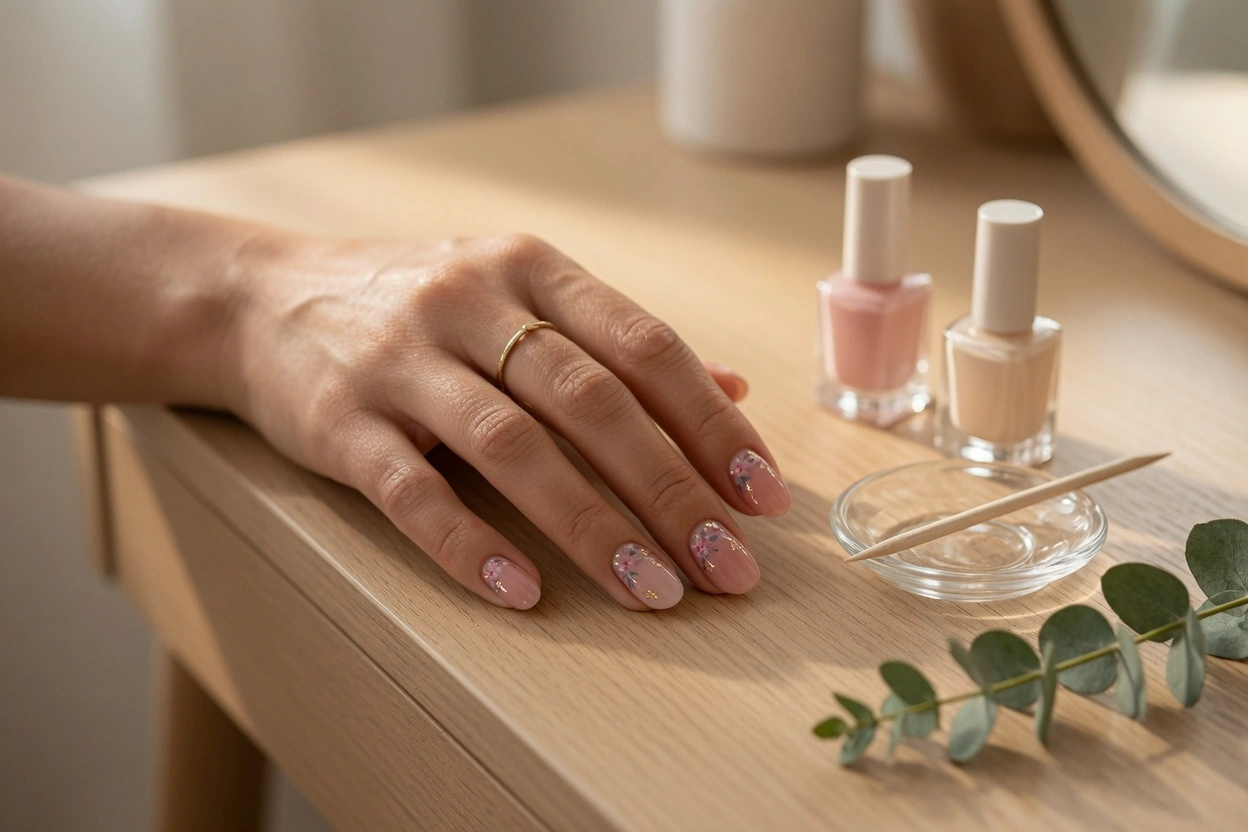 Elegant finished at home manicure displayed on a sunlit vanity table at PennyToPower.com
