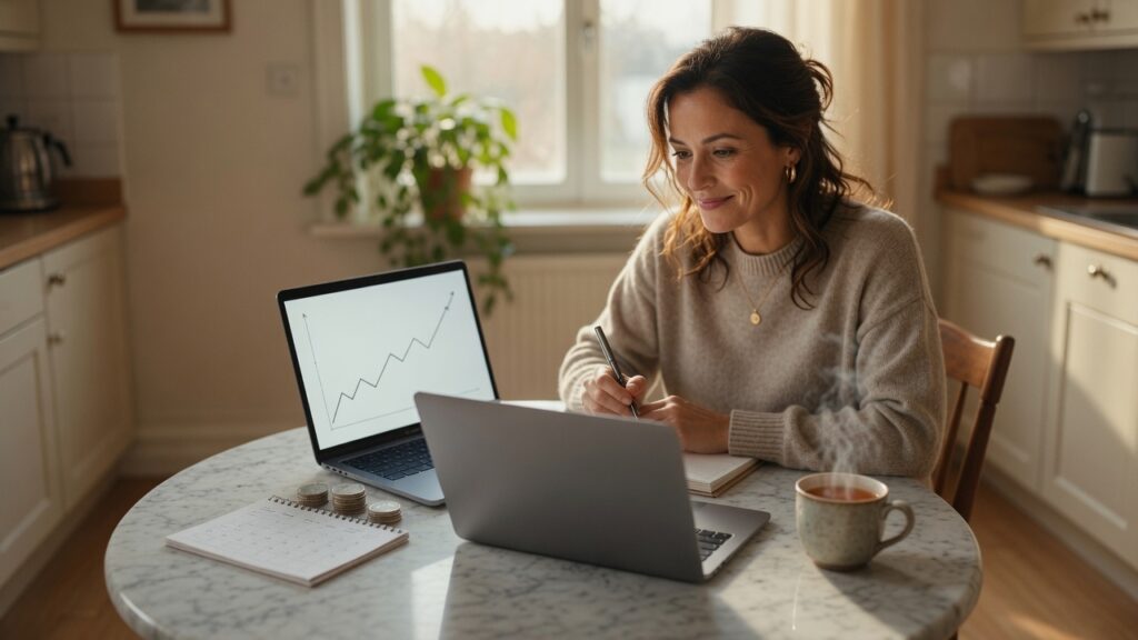 Woman in her 40s reviewing retirement savings growth on laptop at morning kitchen table — PennyToPower.com