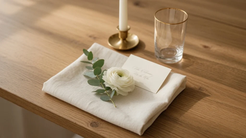 Minimal bridal table setting representing budget bridal style quiet luxury detail at PennyToPower.com