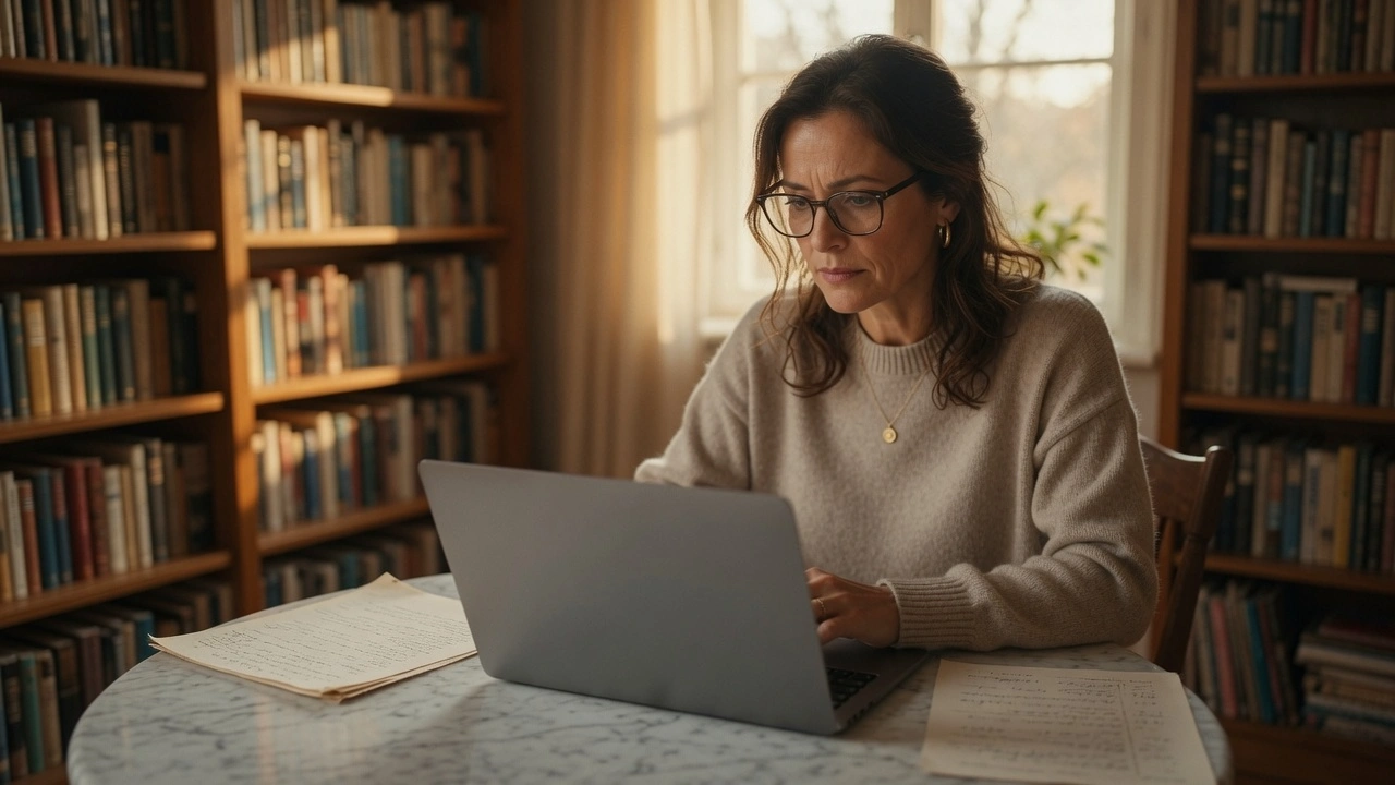 Woman in her late 50s researching Social Security benefits on laptop in warm reading room — retirement planning for womenPennyToPower.com