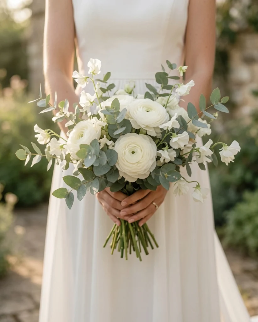 Bride holding a natural loose bouquet as part of a cohesive budget bridal style approach at PennyToPower.com