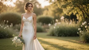 Bride in simple ivory gown at golden hour representing the quiet luxury budget bridal style approach at PennyToPower.com
