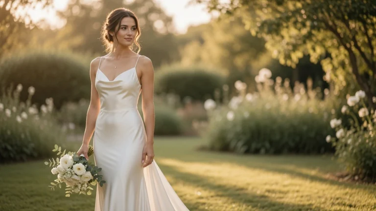 Bride in simple ivory gown at golden hour representing the quiet luxury budget bridal style approach at PennyToPower.com