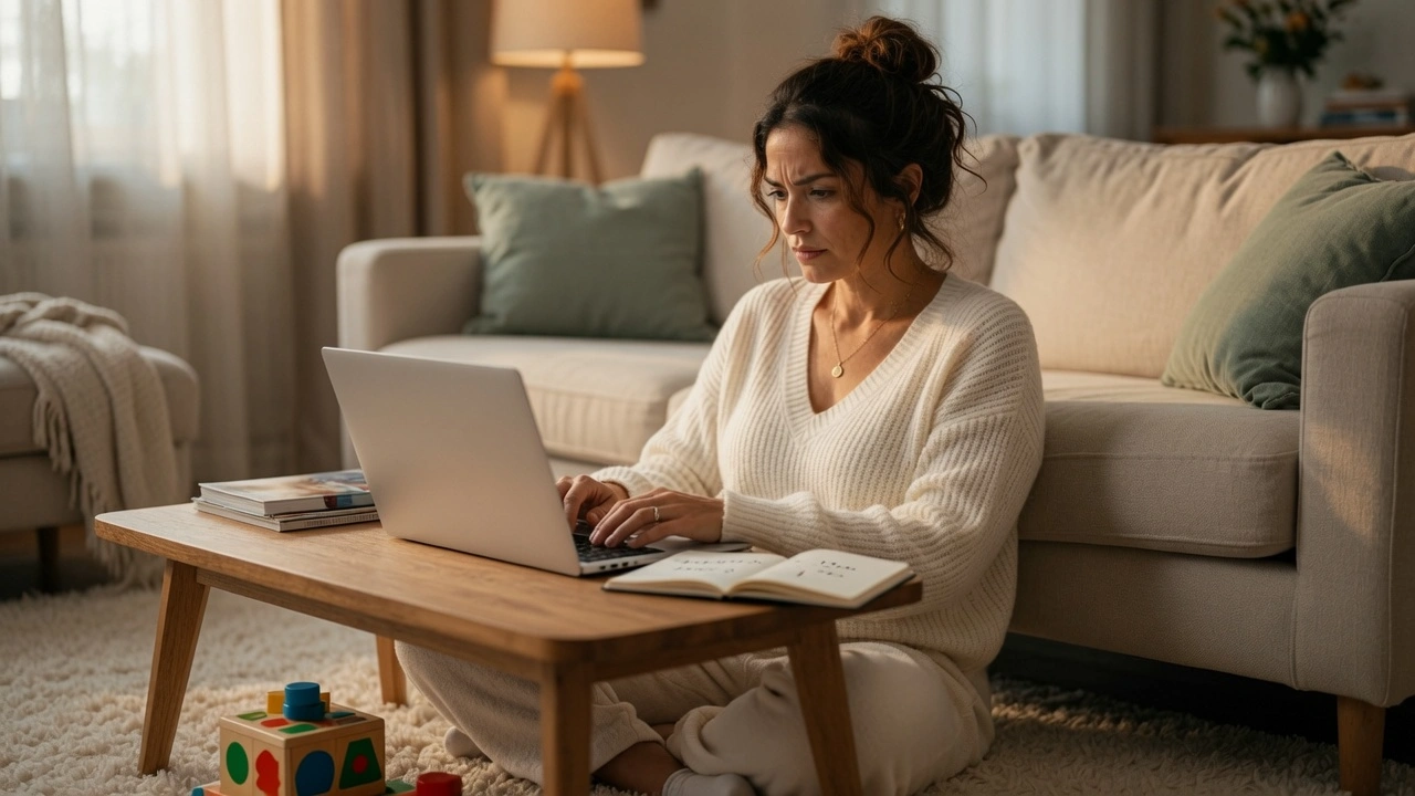 Tired mom working on laptop on sofa with child's toy nearby. Business Ideas for Moms