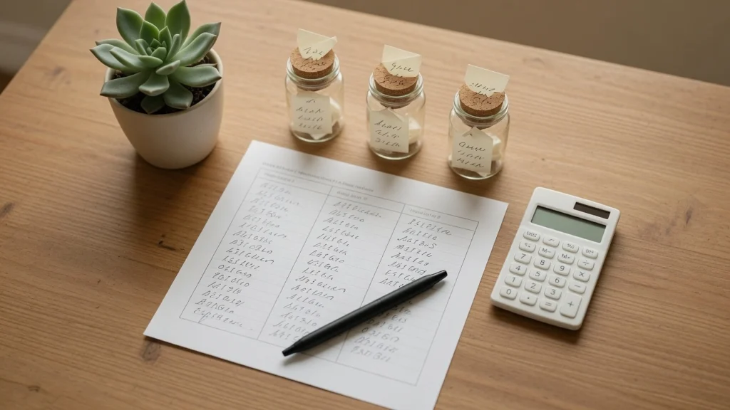 Budget worksheet and savings jars illustrating the math behind a 90 day savings plan at PennyToPower.com