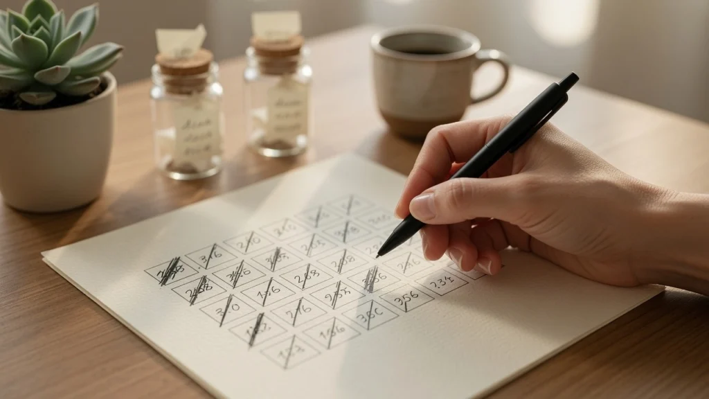 Woman marking progress on a visual savings tracker as part of her 90 day savings plan at PennyToPower.com