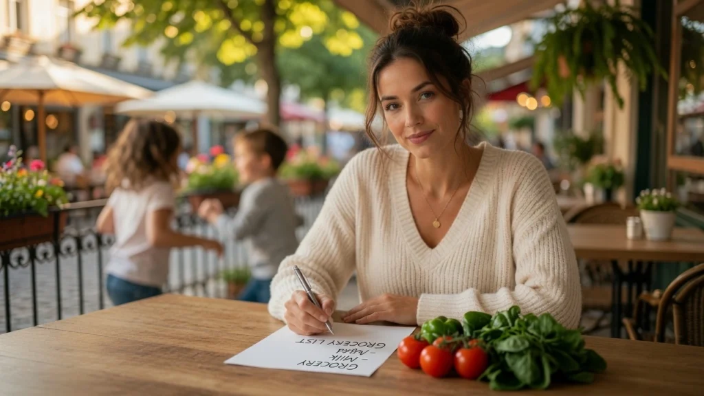 Stay at home mom applying budgeting for moms strategies while planning weekly groceries at home at PennyToPower.com