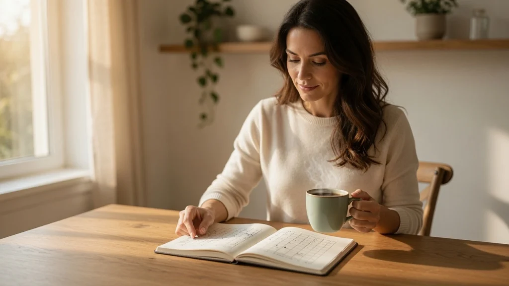 Woman starting her 90 day savings plan by reviewing bank statements at her kitchen table at PennyToPower.com
