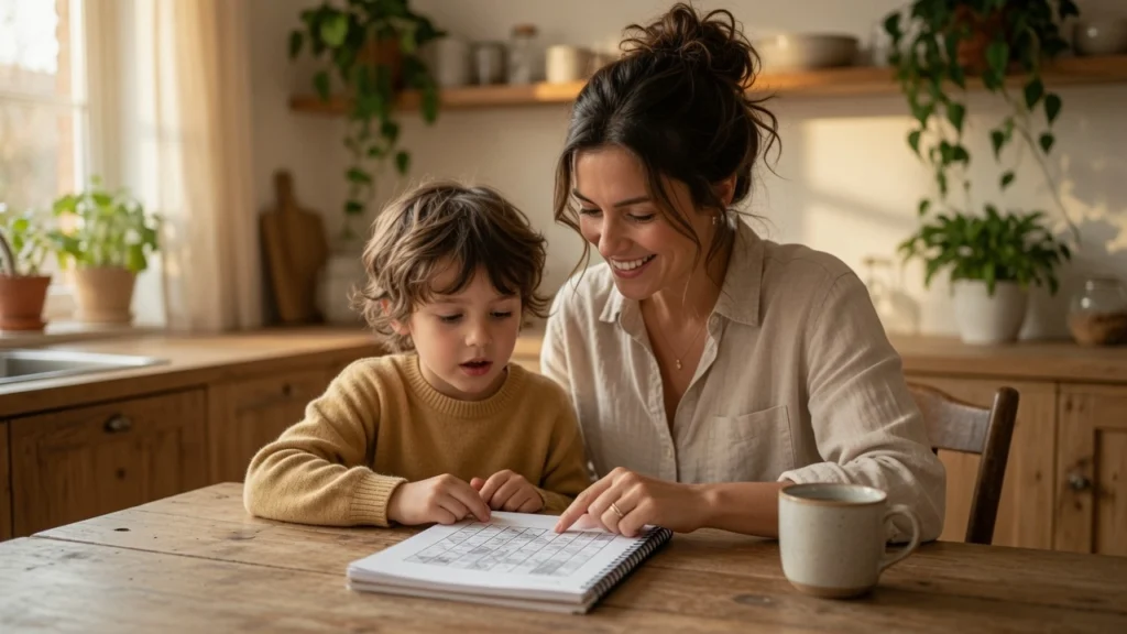 Single mom and child reviewing their single mom savings progress together at the kitchen table at PennyToPower.com