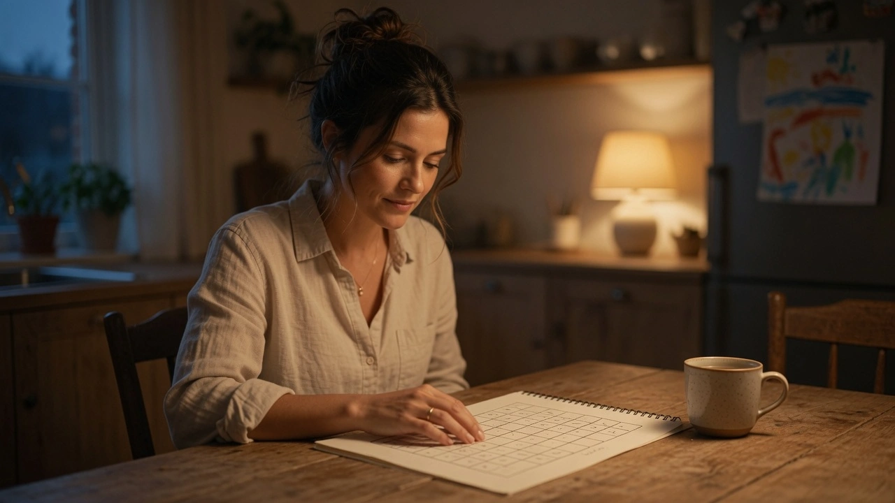 Single mom reviewing her single mom savings progress chart alone at the kitchen table after bedtime at PennyToPower.com