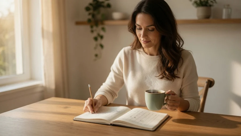 Woman reviewing Pinterest income advice on phone at kitchen counter — PennyToPower.com